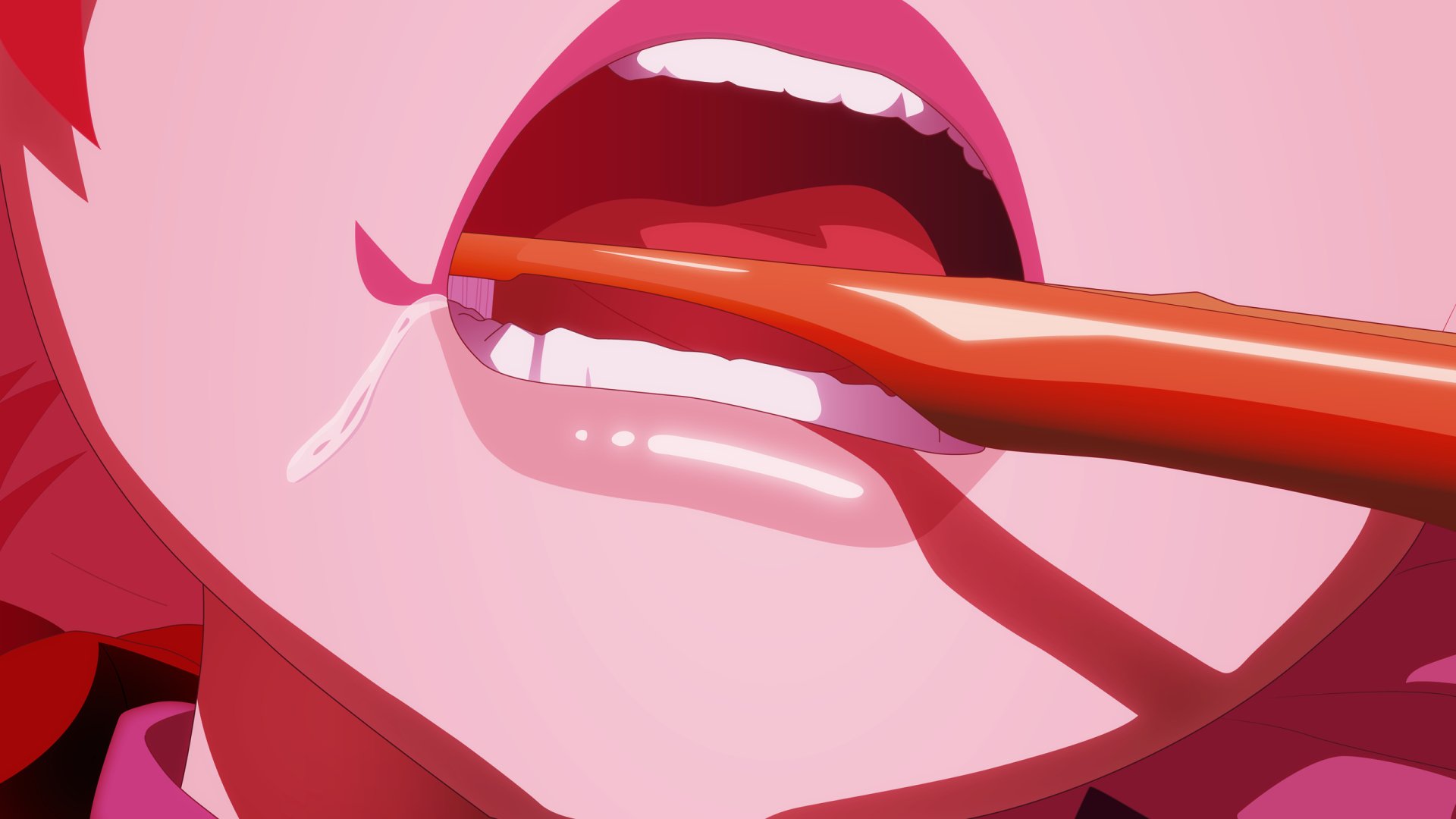 Close-up HD anime wallpaper of Karen Araragi from Monogatari Series brushing her teeth with a red toothbrush against a pink background.