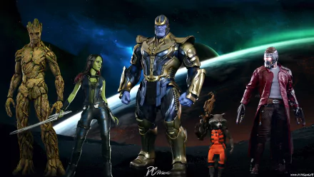 A vibrant HD desktop wallpaper featuring Rocket Raccoon, Groot, Gamora, and Peter Quill from Guardians of the Galaxy, highlighted against a cosmic backdrop.
