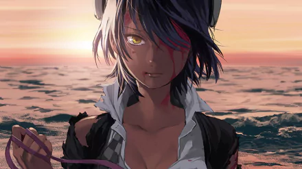 A striking HD wallpaper featuring Tenryuu from Kantai Collection, depicted against a sunset over the ocean, showcasing her distinctive features and dynamic expression.