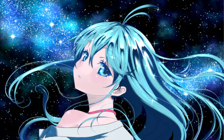 An HD wallpaper from *Denpa Onna to Seishun Otoko*, featuring a blue-haired character against a backdrop of shimmering stars and cosmic colors.