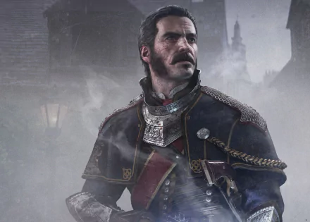 Video game HD PC desktop wallpaper for The Order: 1886 — a stern, mustachioed Victorian-era knight in ornate black-and-red uniform and armor before a foggy, gothic London skyline.