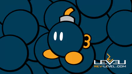 HD desktop wallpaper featuring a pattern of Bob-ombs from the Mario series with the logo LEVEL REVEL.COM in the corner.