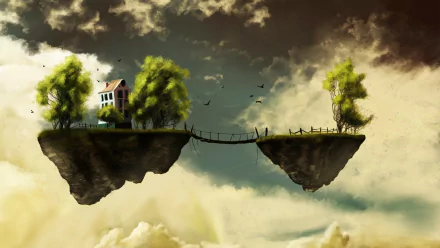 Artistic HD wallpaper featuring a floating island with a house and trees, connected by a bridge, set against a dramatic sky, evoking a sense of whimsy and wonder.