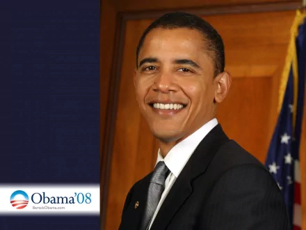 A high-definition desktop wallpaper featuring Barack Obama, smiling in front of a wooden backdrop, with an Obama '08 logo at the bottom.