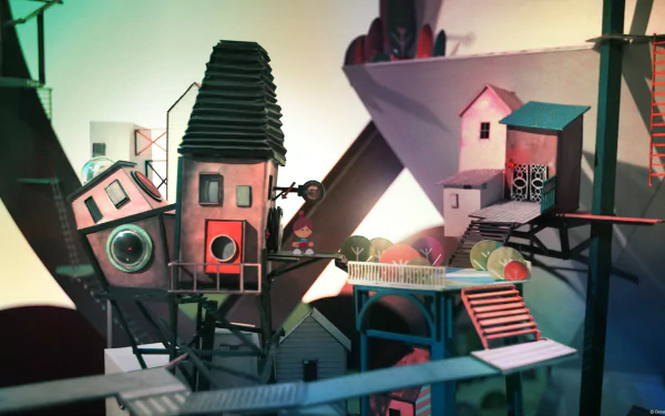 HD desktop wallpaper featuring a whimsical scene from Lumino City with colorful, intricate buildings and platforms.