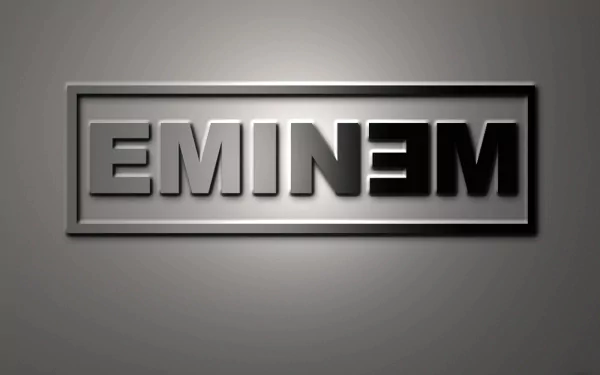 HD desktop wallpaper featuring the name Eminem in a modern, metallic design on a gradient grey background. Tags: music, Eminem.