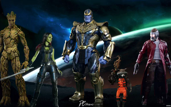 A vibrant HD desktop wallpaper featuring Rocket Raccoon, Groot, Gamora, and Peter Quill from Guardians of the Galaxy, highlighted against a cosmic backdrop.