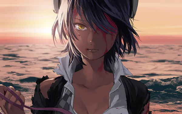 A striking HD wallpaper featuring Tenryuu from Kantai Collection, depicted against a sunset over the ocean, showcasing her distinctive features and dynamic expression.