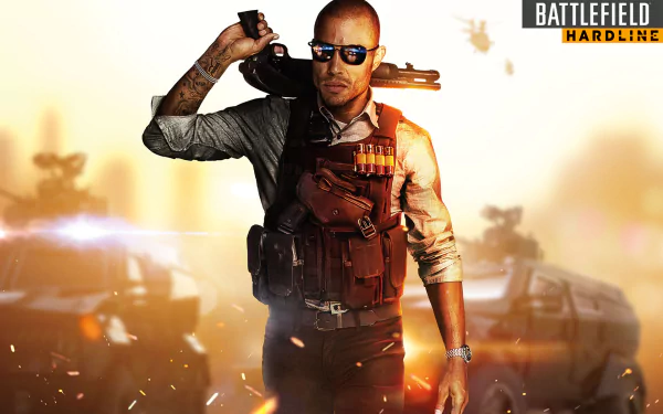 HD PC desktop wallpaper for the video game Battlefield: Hardline — armed officer in tactical vest and sunglasses stands before blurred police cars and helicopters in an orange haze.