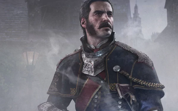 Video game HD PC desktop wallpaper for The Order: 1886 — a stern, mustachioed Victorian-era knight in ornate black-and-red uniform and armor before a foggy, gothic London skyline.