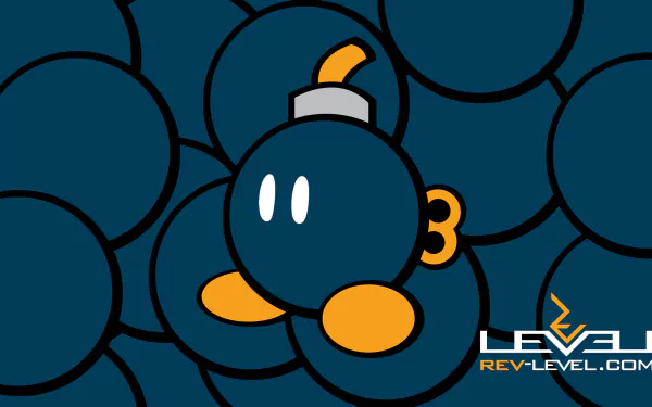 HD desktop wallpaper featuring a pattern of Bob-ombs from the Mario series with the logo LEVEL REVEL.COM in the corner.