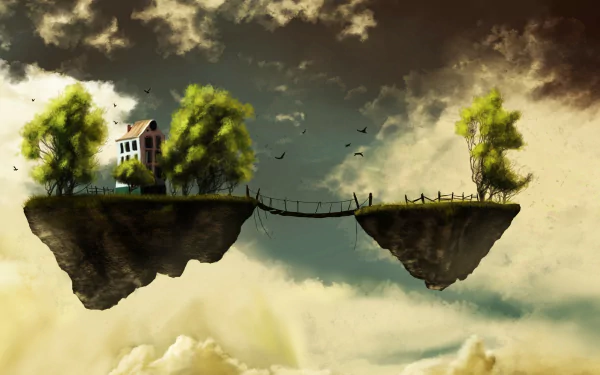 Artistic HD wallpaper featuring a floating island with a house and trees, connected by a bridge, set against a dramatic sky, evoking a sense of whimsy and wonder.