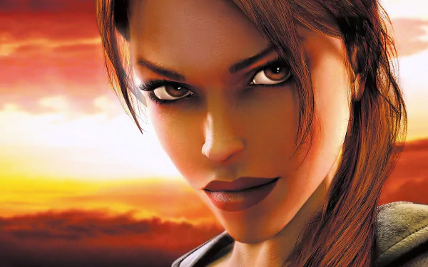 Close-up of Lara Croft from the video game Tomb Raider: Legend, set against a vibrant orange sunset, designed as an HD PC desktop wallpaper and background.