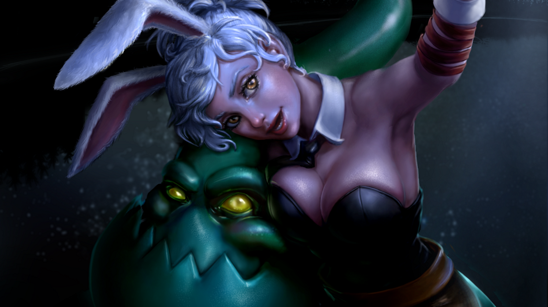 HD PC desktop wallpaper featuring Zac and Riven from the video game League of Legends in a dynamic, close-up pose.