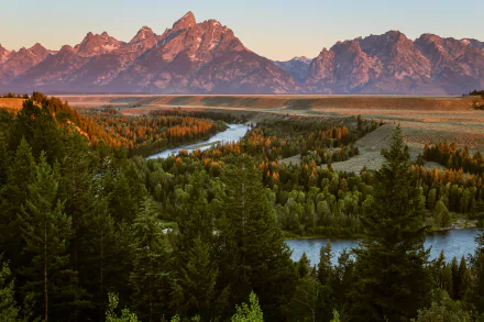 Winding river through dense evergreen forest toward sunlit mountain peaks at dawn — nature, river 4K Ultra HD PC desktop wallpaper and background.