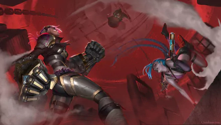 A dynamic HD wallpaper featuring Jinx and Vi from League of Legends, showcasing an intense confrontation amid a dramatic red background and swirling smoke.