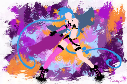Vibrant 4K Ultra HD League of Legends wallpaper featuring Jinx in dynamic pose with abstract purple, orange, and blue paint splashes.