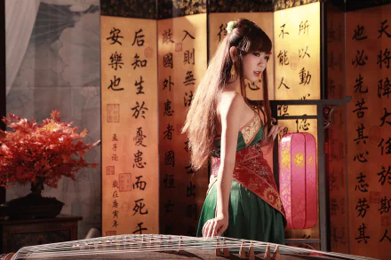 A woman in traditional Taiwanese dress stands beside a Chinese instrument, framed by calligraphed scrolls and a bonsai, embodying cultural elegance.