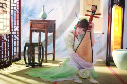A woman in traditional Taiwanese costume plays an instrument in soft sunlight, surrounded by a serene setting that highlights her national dress and elegance.