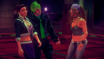Three characters from Saints Row IV interact in a vibrant scene, showcasing the game's distinctive art style, set against a colorful, dynamic background. HD PC Desktop Wallpaper.
