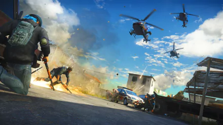 HD PC desktop wallpaper featuring Rico Rodriguez from the video game Just Cause 3 in an intense action scene with helicopters, explosions, and armed combat.