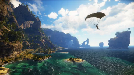 HD PC desktop wallpaper featuring Rico Rodriguez from the video game Just Cause 3 parachuting over a scenic coastal landscape with cliffs and blue skies.