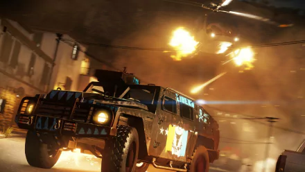 HD PC desktop wallpaper from the video game Just Cause 3, featuring an armored vehicle amidst fiery explosions and intense action.
