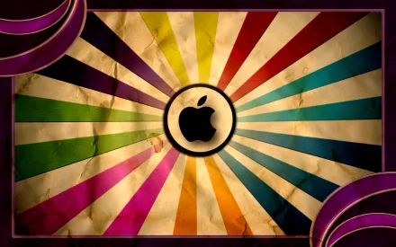 HD desktop wallpaper featuring the Apple Inc. logo centered on a background with colorful rays radiating outward. The backdrop incorporates a vintage style with a mix of vibrant colors.