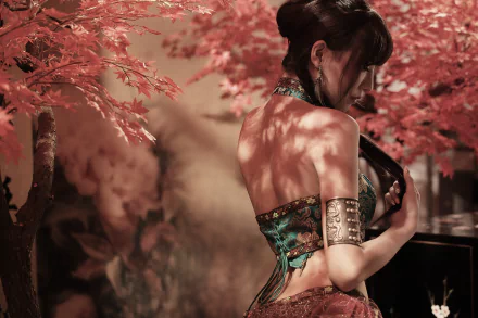 A Taiwanese woman with flowing hair stands gracefully among vibrant autumn leaves, exuding elegance in a culturally rich setting, captured in stunning 4K Ultra HD detail.