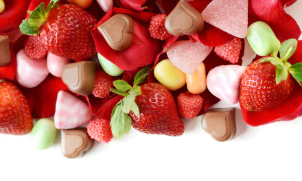 4K Ultra HD PC desktop wallpaper: vibrant strawberries, heart-shaped chocolates and pastel candies scattered on a white background.
