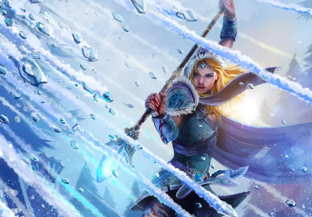 Crystal Maiden from DotA 2 wields ice magic in a dynamic pose, surrounded by swirling ice shards. This HD desktop wallpaper captures the captivating essence of the video game.