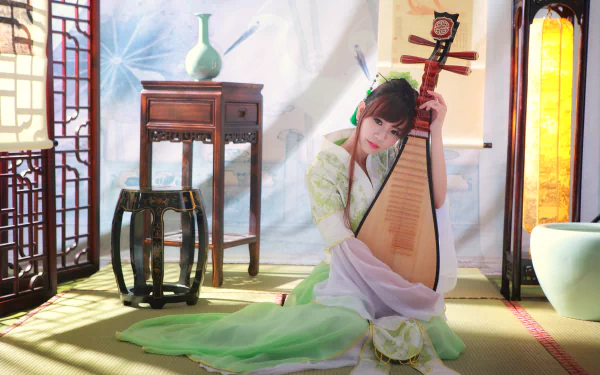 A woman in traditional Taiwanese costume plays an instrument in soft sunlight, surrounded by a serene setting that highlights her national dress and elegance.