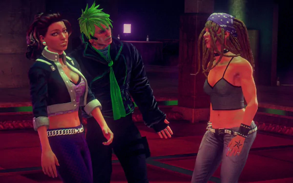 Three characters from Saints Row IV interact in a vibrant scene, showcasing the game's distinctive art style, set against a colorful, dynamic background. HD PC Desktop Wallpaper.