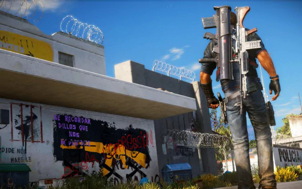 Rico Rodriguez stands armed outside a graffiti-covered building in a vibrant HD Just Cause 3 PC desktop wallpaper.