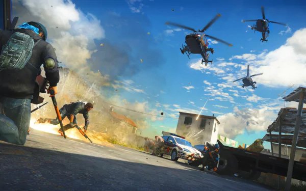 HD PC desktop wallpaper featuring Rico Rodriguez from the video game Just Cause 3 in an intense action scene with helicopters, explosions, and armed combat.