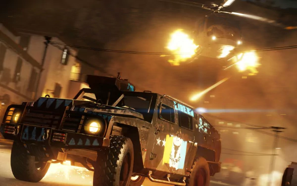 HD PC desktop wallpaper from the video game Just Cause 3, featuring an armored vehicle amidst fiery explosions and intense action.