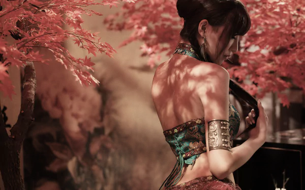 A Taiwanese woman with flowing hair stands gracefully among vibrant autumn leaves, exuding elegance in a culturally rich setting, captured in stunning 4K Ultra HD detail.