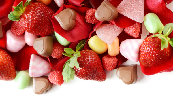 4K Ultra HD PC desktop wallpaper: vibrant strawberries, heart-shaped chocolates and pastel candies scattered on a white background.