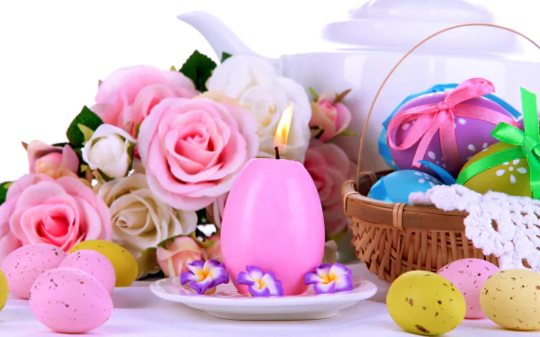 4K Ultra HD Easter holiday wallpaper featuring pink and white roses, a lit pink candle, colorful speckled eggs, and a basket filled with decorated Easter eggs.