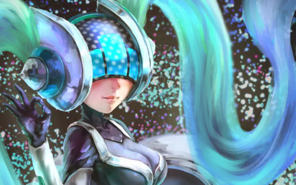 A vibrant HD wallpaper featuring DJ Sona from League of Legends, showcasing her futuristic design and signature sound waves against a colorful, dynamic background.