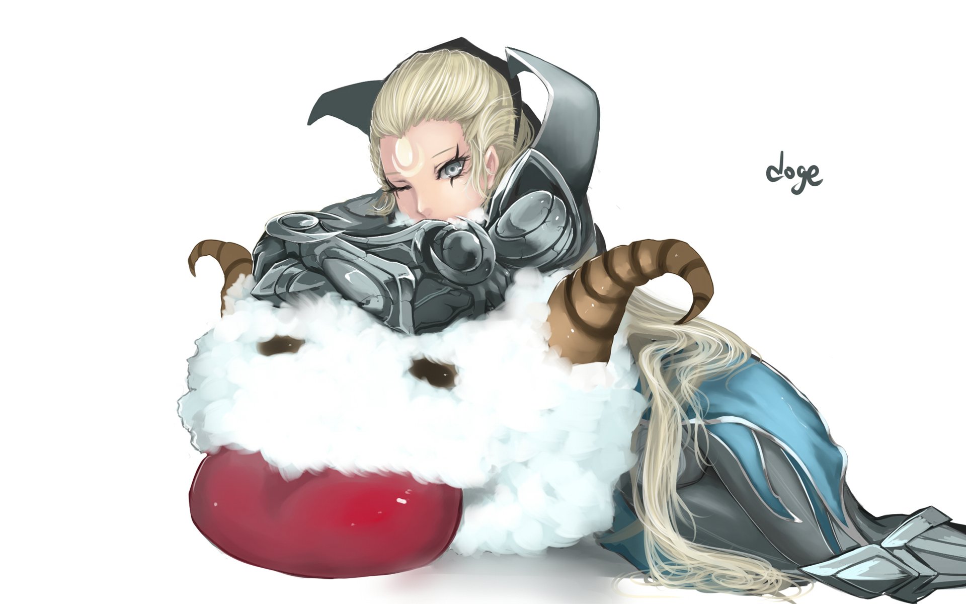 Diana (League of Legends) in armor leaning on a fluffy horned poro plush — video game HD PC desktop wallpaper/background.