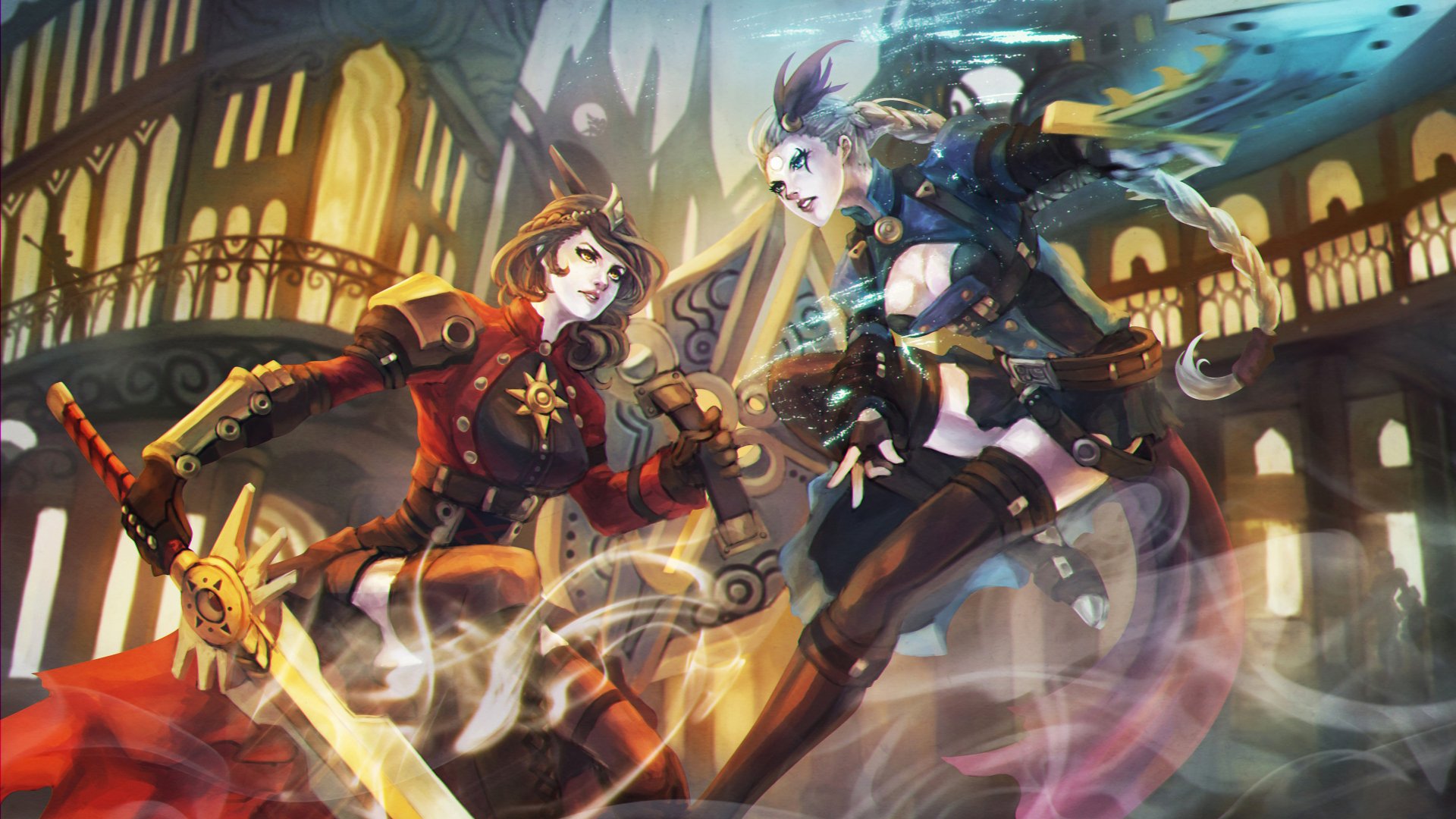 Leona and Diana from League of Legends face off in a dynamic 4K Ultra HD video game wallpaper with vibrant lighting and detailed fantasy background.