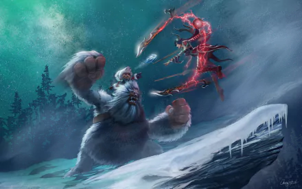 Irelia and Nunu (League of Legends) clash on a snowy ridge: Nunu's yeti rears as Irelia's red blades whirl — video game 2K Quad HD PC desktop wallpaper.