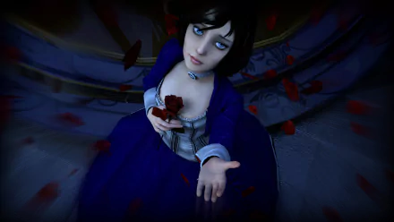 Anna DeWitt from BioShock Infinite in a blue dress reaches up with an outstretched hand, holding a bloodied rose as red petals swirl — 2K Quad HD PC wallpaper.