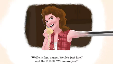 HD PC desktop wallpaper featuring a quote from Terminator 2: Judgment Day with a stylized character on the phone next to the T-1000 reference.