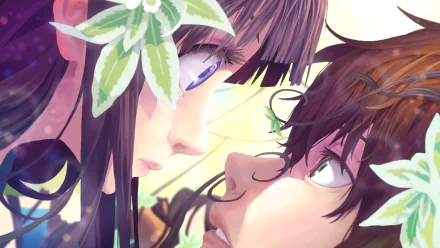 A vivid HD wallpaper featuring Eru Chitanda and Hōtarō Oreki from the anime Hyouka, capturing an intimate moment surrounded by lush green leaves.