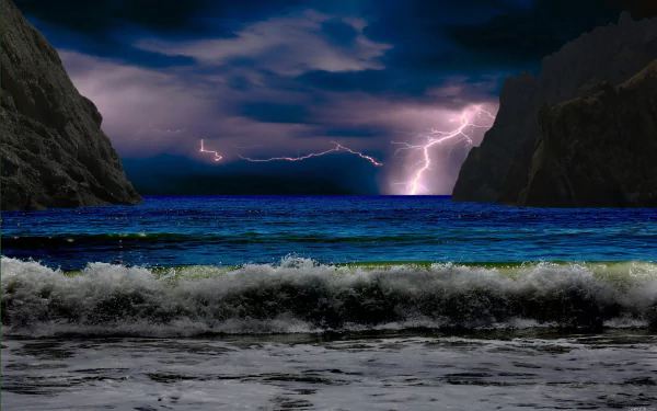 HD PC desktop wallpaper showing a dramatic sea scene with waves crashing between dark cliffs under stormy skies illuminated by vivid lightning.
