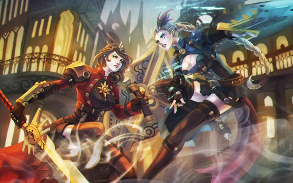Leona and Diana from League of Legends face off in a dynamic 4K Ultra HD video game wallpaper with vibrant lighting and detailed fantasy background.