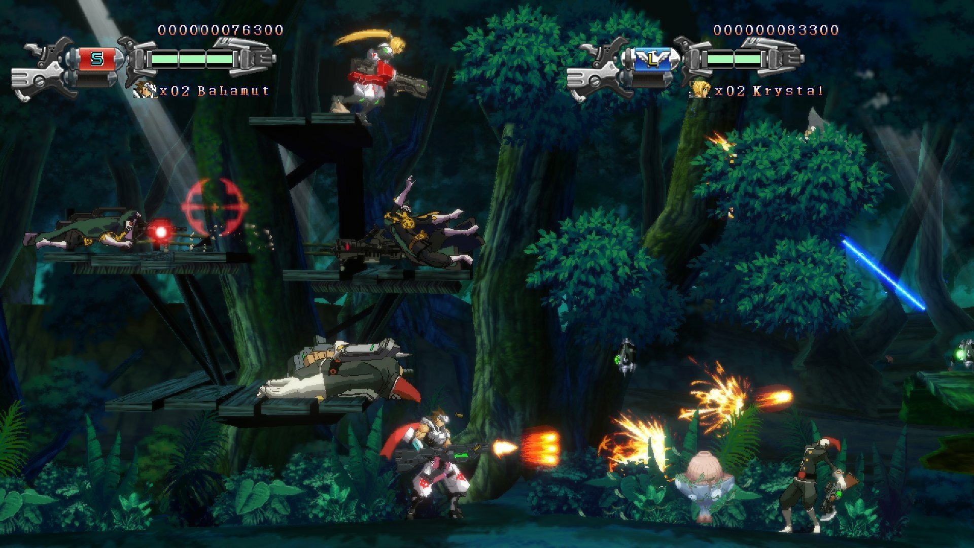 HD desktop wallpaper from Hard Corps: Uprising featuring characters engaged in intense side-scrolling action in a forest setting.