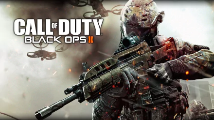 HD wallpaper featuring an armed soldier from Call of Duty: Black Ops II, set against a dynamic background with drones and action elements, showcasing the intensity of the game.